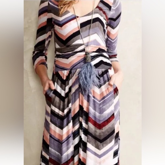 Anthropologie Novella Chevron Maxi Dress Maeve Size Small Multicolor Boho Beach - Picture 3 of 7